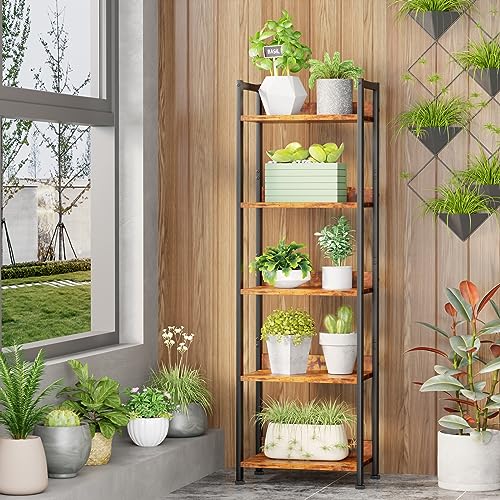 Furologee 5 Tier Bookshelf with Drawer, Tall Narrow Bookcase, Rustic Brown - color: Rustic Brown, size: 5 Tier