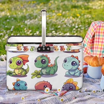 Large Picnic Basket, 40L Water Resistant & Leakproof Collapsible Portable Basket Set with Aluminium Handle for Travel - color: Dinosaurs
