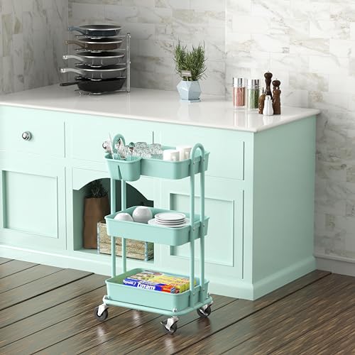 Simple Houseware 3-Tier Rolling Utility Cart with Hanging Bucket, Turquoise - color: Turquoise, size: 3-Tier