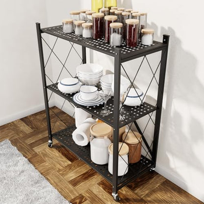 3 Tier Foldable Storage Shelf with Wheels Garage Shelving - color: Black, size: 3 Tier