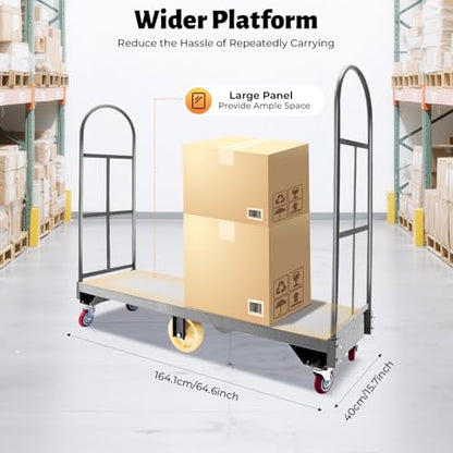 Narrow Aisle Dolly U-Boat Platform Truck Cart, 16 x 60 inch Heavy Duty Utility Cart, 2000Lbs Load Capacity, Hand Truck with Dual Removable Handles and 6 Wheels, Ideal for Heavy-Duty Applications