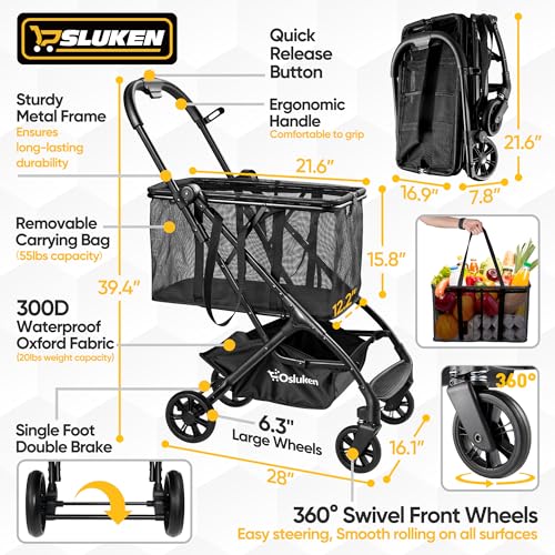 Upgraded Folding Shopping Cart with Wheels, 75Lbs Collapsible Grocery Cart with Removable Basket&360° Wheels, One-Click Folding, Personal Portable Shopping Cart for Groceries, Laundry, Camping - style: 75LB