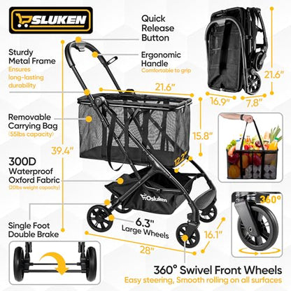 Upgraded Folding Shopping Cart with Wheels, 75Lbs Collapsible Grocery Cart with Removable Basket&360° Wheels, One-Click Folding, Personal Portable Shopping Cart for Groceries, Laundry, Camping - style: 75LB