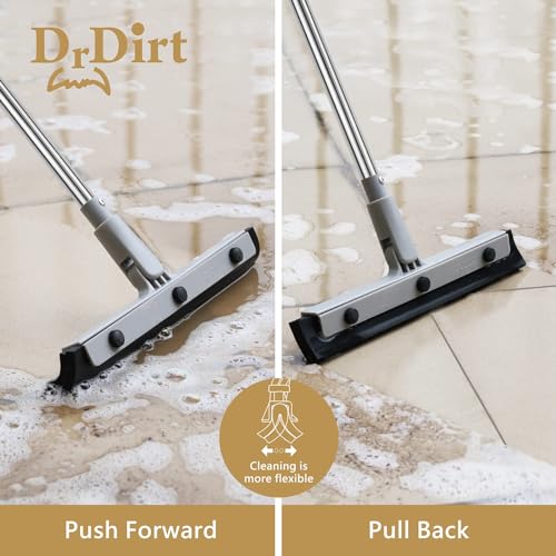 DrDirt 14-Inch Floor Squeegee with Long Handle, Dual Foam Blades