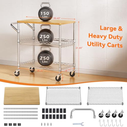 3 Tier Rolling Kitchen Carts on Wheels with Storage,650Lbs Heavy Duty Utility Carts with Wheels,Kitchen Island with Wood Tabletop,Metal Serving Rolling Cart for Small Appliance Food Cart,Wood+Metal - color: Wood+chrome