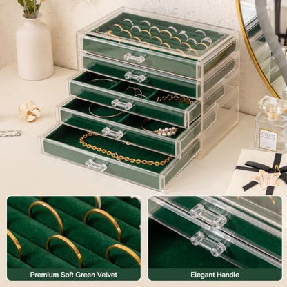 Frebeauty Acrylic Jewelry Box,5-Layer Jewelry Organizer with Drawers - color: Blackish Green