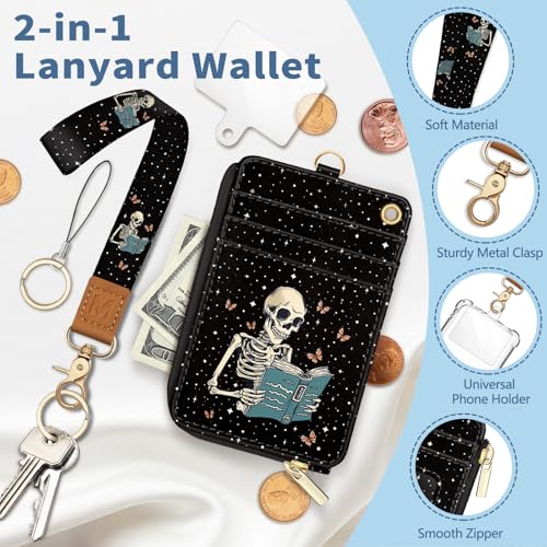 Lanyard Wallet with Id Badge Holder Keychain Card Women Skeleton - color: Skeleton Book