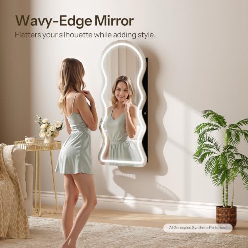 HOOBRO LED Mirror Jewelry Cabinet, Wall/Door Mounted Jewelry Organizer - color: Black