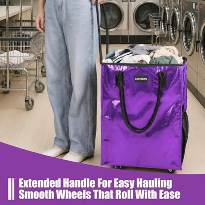 Grocery Bag Rolling Tote Bag on Wheels, Shopping Bag with Wheels Handle - color: Purple