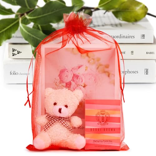 ANZNKU 50 Pcs Large Organza Bags 8x12, Red Small Mesh Gift Bag Drawstring - color: Red