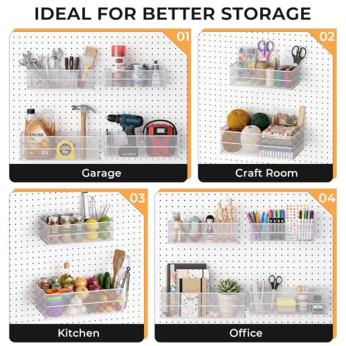 INCLY 4 Pack Upgrade Pegboard Baskets, 4 Sizes Square Metal Mesh Basket - color: White