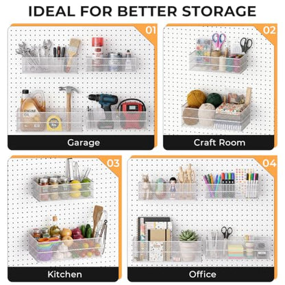 INCLY 4 Pack Upgrade Pegboard Baskets, 4 Sizes Square Metal Mesh Basket - color: White