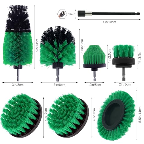 8 Pcs Drill Brush Attachment Set, Power Cleaning Scrub Brush Kit with Extend Long Attachment, All Purpose Drill Scrub Brushes for Car, Grout, Floor, Tub, Bathroom and Kitchen (Green) - color: Green