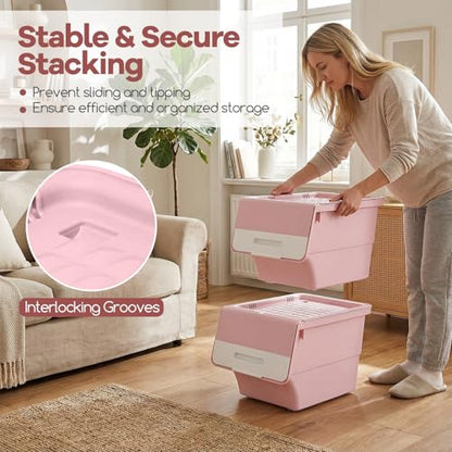 GIANTEX 3 Pack Plastic Stackable Storage Bins with Lids & Wheels, 12.5 QT - color: White + Pink, size: 3 Pack, 12.5 QT