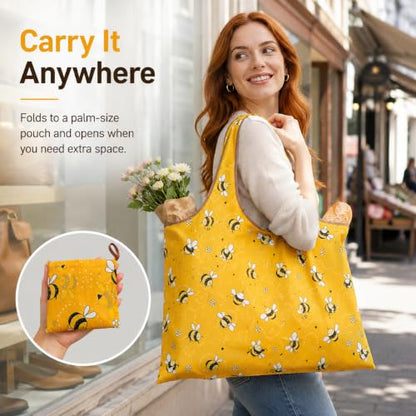 Reusable Shopping Bag, 16 x 16 inch Large Foldable Grocery Hand Tote, Shoulder Waterproof Portable Pocket - color: Yellow Bee