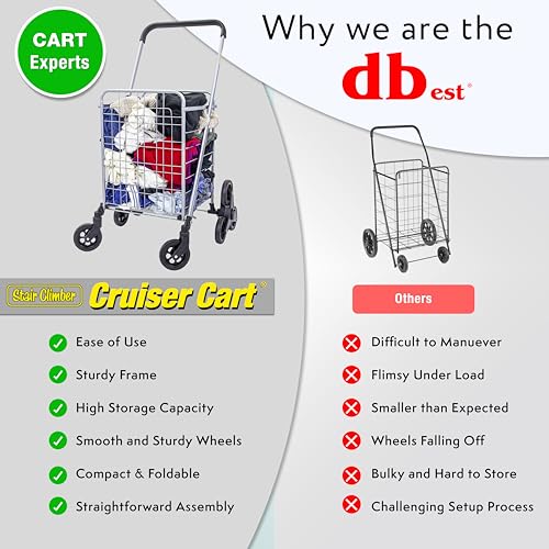 dbest Products Stair Climber Cruiser Cart Shopping Grocery Rolling Folding Laundry Basket on Wheels Foldable Utility Trolley Compact Lightweight Collapsible, Silver - color: Silver, style: Stair Climber