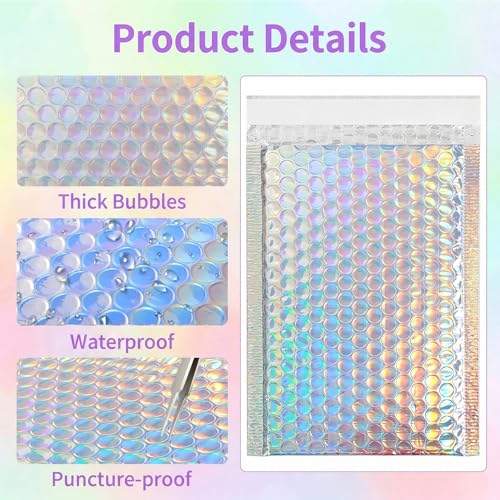 60Pcs Holographic Bubble Mailers, Metallic Poly Padded Envelopes