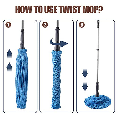 Eyliden Mop with 2 Reusable Microfiber Heads, Easy Wringing Twist Mop - color: Blue