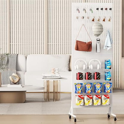 Pegboard Display Stand with Wheels, 24" x 70" Peg Board Stand, White - color: White
