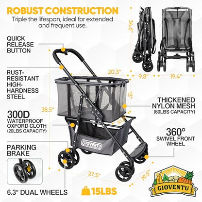 Folding Shopping Cart for Groceries, 80lbs Collapsible Stroller Cart