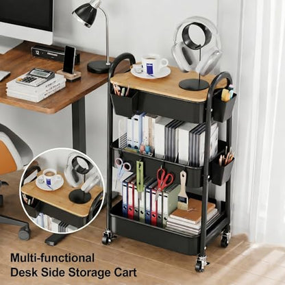 3 Tier Metal Heavy Duty Rolling Cart with Wheels & Wood Table Top, Black - color: Black