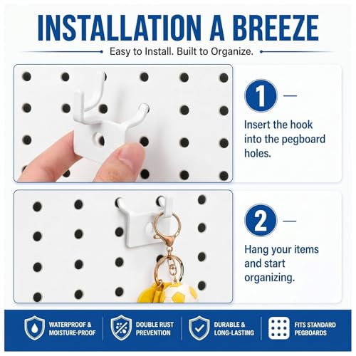 Tandefio 100 Pcs Pegboard Hooks, Picture Hangers for 1/8 & 1/4 in, White - color: White