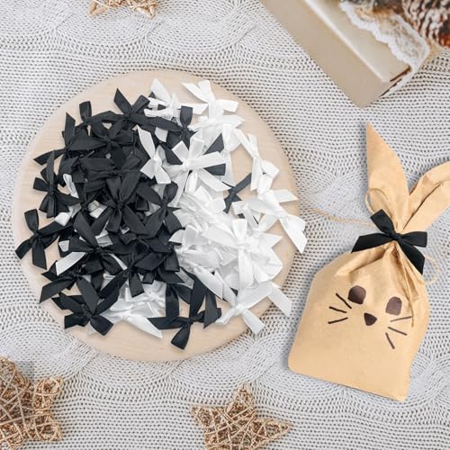 100 Pcs Mini Satin Bows with Premade Twist Ties for Crafts, Black and White - color: Black and white