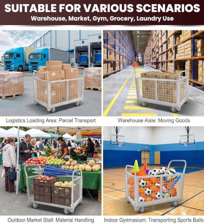 Platform Truck Cart with Cage 3500 LBS, Heavy Duty Utility Cart with Mesh Fence, 5-in-1 Foldable Shopping Cart & Laundry Cart with Wheels for Warehouse Pantry