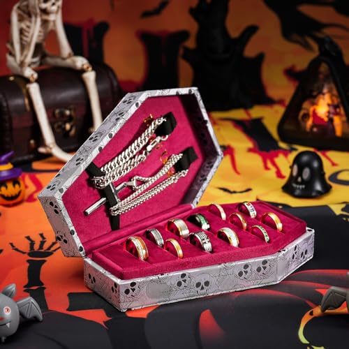 Mens Velvet Ring Box Organizer Coffin-Shape Unisex Storage Case for Rings - color: Skull Patterned