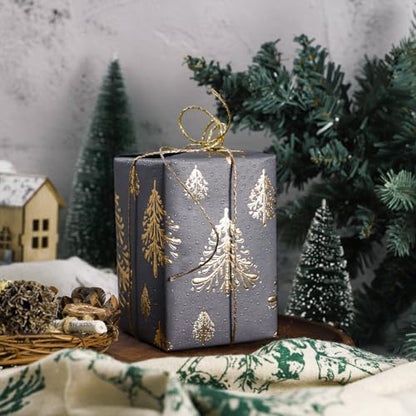 WRAPAHOLIC 3D Kraft Christmas Wrapping Paper Roll - Mini Roll - 17 Inch x 16.5 Feet - Gold and Dark Grey Christmas Tree Wrapping Paper with Embossed Perfect for Holiday, Party Celebration - color: Christmas Tree - Dark Grey & Gold, size: 17 inch x 16.5 fe