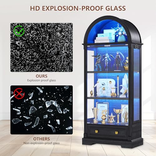 Black Curio Cabinet with Glass Doors, 72" Tall Arched Display Cabinet with Human Sensor Lights, 4-Tier Display Case for Collectibles Bookcase Living Room - color: Black