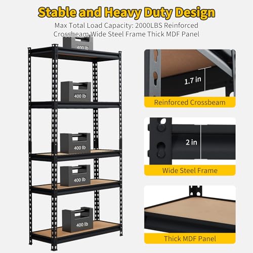 5-Tier Metal Adjustable Storage Shelving Unit, 2000 LBS Heavy-Duty Garage Shelve, 48'' x 24'' x 72'' Shelf Organizer for Garage, Kitchen, Bathroom Laundry, Closet (Black) - size: 48" L x 24" W x 72" H