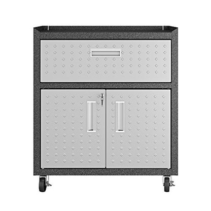 Manhattan Comfort Fortress Textured Metal 31.5" Garage Mobile Cabinet with 1 Full Extension Drawer and 2 Adjustable Shelves, Black/Gray - color: Black/Grey, style: Storage Cabinet