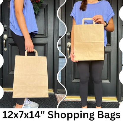 Qutuus 12x7x14 inches 25Pcs Large Paper Bags with Handles Bulk, Large Paper Grocery Shopping Bags with Handles, Brown Sacks for Groceries, Recycling, Delivery, Take Out, To Go, Retail - size: 12x7x14 inches (Pack of 25)