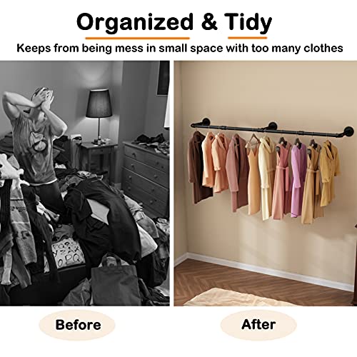 Wall Mounted Clothes Rack, 72.5in Industrial Pipe Clothing Rack for Hanging Clothes, Heavy Duty Garment Rack Wall, Space-Saving Bar, Multi-Purpose Hanging Rod for Laundry Room, Bedroom, 2Packs - size: 72.5Inches