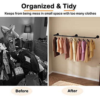 Wall Mounted Clothes Rack, 72.5in Industrial Pipe Clothing Rack for Hanging Clothes, Heavy Duty Garment Rack Wall, Space-Saving Bar, Multi-Purpose Hanging Rod for Laundry Room, Bedroom, 2Packs - size: 72.5Inches