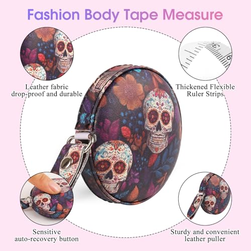 Retractable Mini Leather Tape Measure, Auto Retract Candy Skull - color: Candy Skull