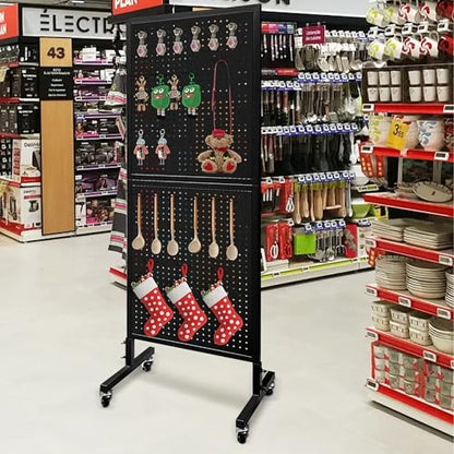 Royxen Large Standing Pegboard Display with T-Base, 2 x 5.4 Feet Metal Pegboard Display Stand with 30 Hooks, Peg Board Panels with Wheels for Vendors, Home and Retail Store (Black) - color: Black