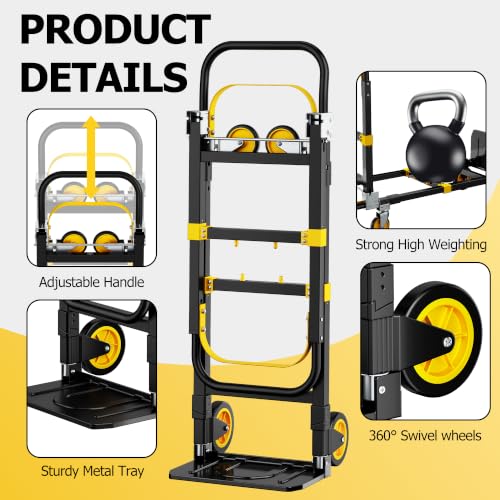 3 in 1 Folding Hand Truck, 600lbs Capacity Dolly Cart Industrial Convertible Heavy Duty with Retractable Handle and 4 Rubber Wheels, Collapsible Cart for Moving Home, Office, Warehouse - color: Black-600
