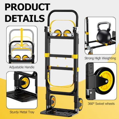 3 in 1 Folding Hand Truck, 600lbs Capacity Dolly Cart Industrial Convertible Heavy Duty with Retractable Handle and 4 Rubber Wheels, Collapsible Cart for Moving Home, Office, Warehouse - color: Black-600