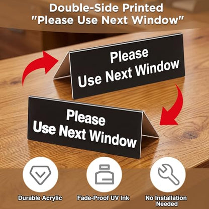 Yinkin 3 Pack Please Use Next Window 6" x 2" Acrylic Desk Sign V-shaped Double Sided Counter Sign for Office, Retail Store, Bank, DMV Queue Black/white