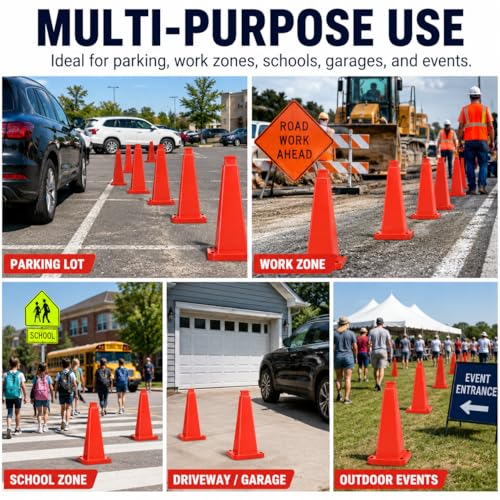 BESEA 3 Pack 28 Inch Red Traffic Cones with Weighted Base - color: Red, size: 28INCH
