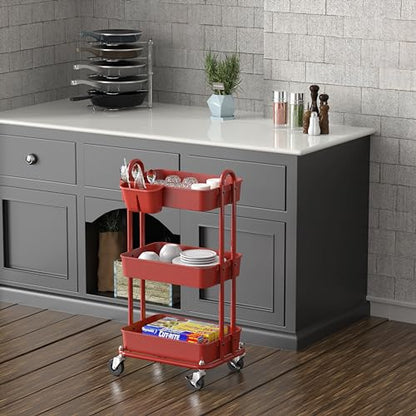 Simple Houseware 3-Tier Rolling Utility Cart with Hanging Bucket, Red - color: Red, size: 3-Tier