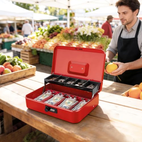 Jssmst Metal Cash Box with Money Tray and Lock, Portable Cash Drawer, 11.8" - color: Red Code-A