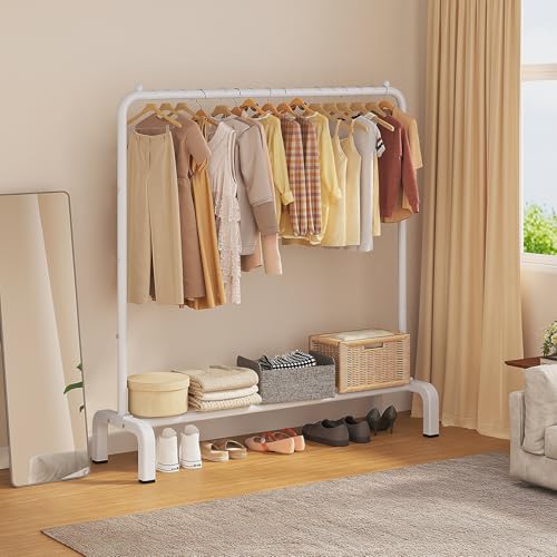 JIUYOTREE Metal Clothing Rack, 43.3 Inches Clothes Garment Coat Rack with Bottom Shelf for Hanging Skirts, Shirts, Sweaters, White - color: White, size: 43.3"W x 15.75"D x 61"H without wheels