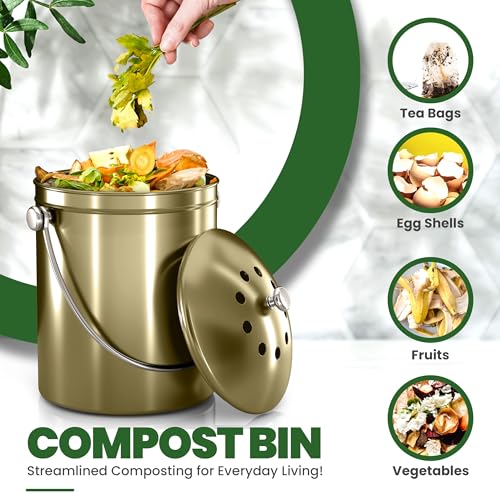 Utopia Kitchen Countertop Compost Bin 1.3 Gallon, Stainless Steel, Gold - color: Gold, size: 1.3 Gallon (Pack of 1)