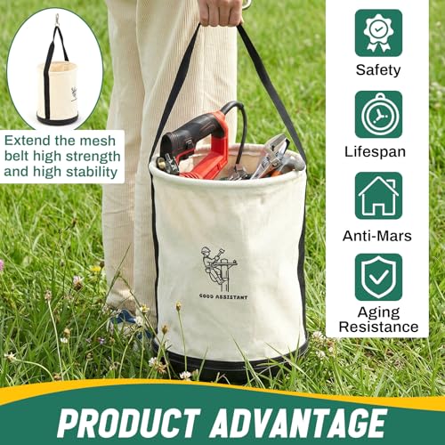 1 Pack 15" x 12" Canvas Tool Bucket Bag, Heavy Duty 150 Lbs Load Capacity, Truck Tool Organizer with Plastic Bottom Metal Hook for Linemen Electricians & Construction Workers (White) - color: White