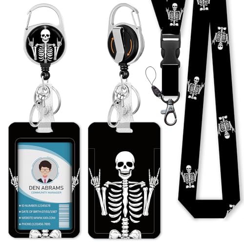 Piefly Lanyards for Id Badges, Teacher Retractable Reel Skull Skeleton Rock - color: Skull-03
