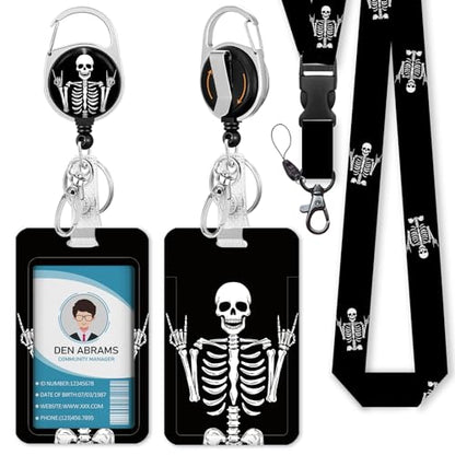 Piefly Lanyards for Id Badges, Teacher Retractable Reel Skull Skeleton Rock - color: Skull-03