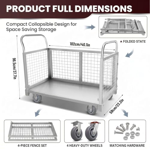 Platform Truck Cart with Cage 3500 LBS, Heavy Duty Utility Cart with Mesh Fence, 5-in-1 Foldable Shopping Cart & Laundry Cart with Wheels for Warehouse Pantry